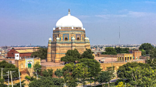 View of historical mosque with people.