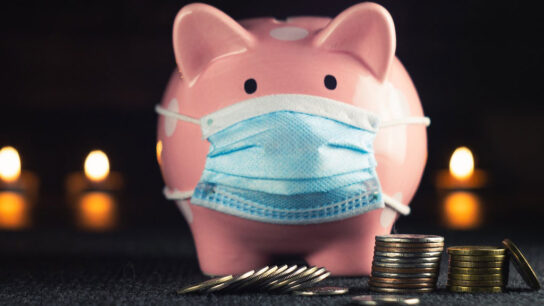 Piggy bank wearing mask.