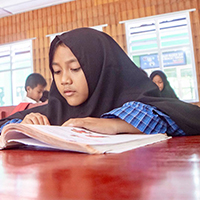 Young child student reading in school