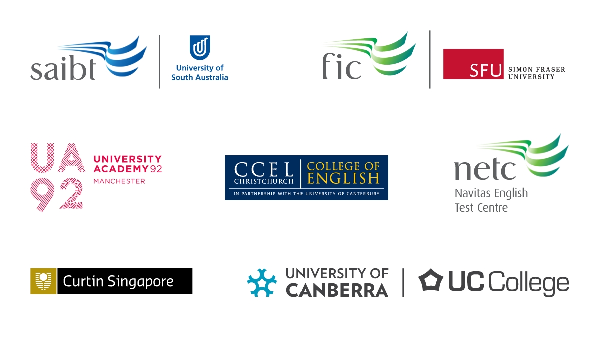 Logos for SAIBT at University of South Australia, FIC at Simon Fraser University, UA92 Manchester, CCEL College of English, Navitas English Test Centre, Curtin Singapore, University of Canberra and UC College