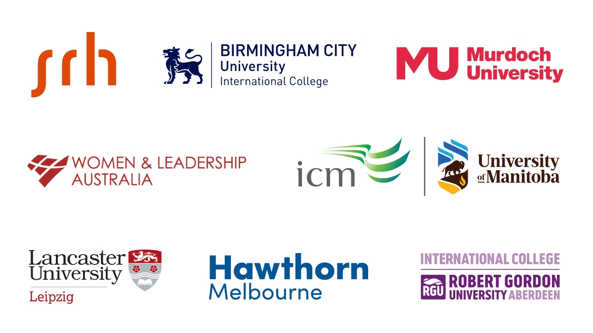 Logos for SRH International College, Birmingham City University International College, Murdoch University, Women & Leadership Australia, ICM at University of Manitoba, Lancaster University Leipzig, Hawthorn Melbourne, International College Robert Gordon University.