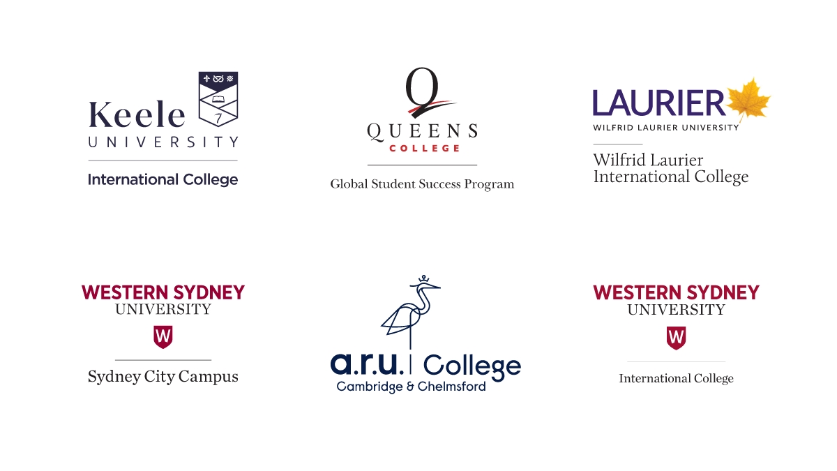 Logos for Keele University International College, Queens College Global Student Success Program, Wilfrid Laurier International College, Western Sydney University Sydney City Campus, ARU College, Western Sydney University International College