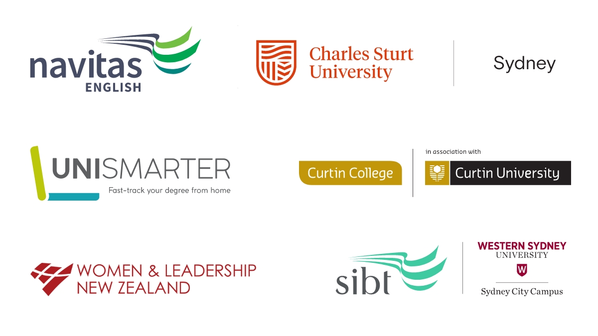 Logos for Navitas English, Charles Sturt University Sydney, UniSmarter, Curtin College in association with Curtin University, Women & Leadership New Zealand, SIBT at Western Sydney University Sydney City Campus