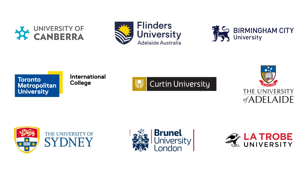 Logos for University of Canberra, Flinders University, Birmingham City University, Toronto Metropolitan University International College, Curtin University, The University of Adelaide, The University of Sydney, Brunel University London, La Trobe University.