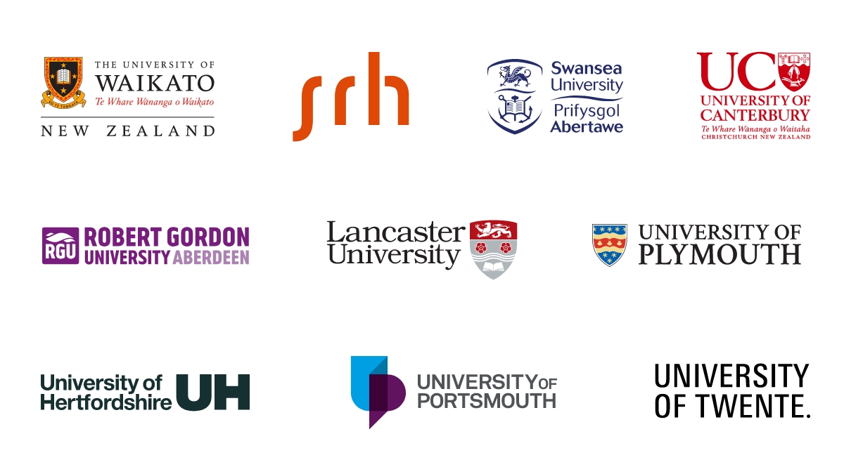 Logos for The University of Waikato, SRH, Swansea University, University of Canterbury, Robert Gordon University, Lancaster University, University of Plymouth, University of Hertfordshire, University of Portsmouth, University of Twente.