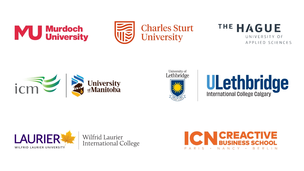 Logos for Murdoch University, Charles Sturt University, The Hague University of Applied Sciences, ICM at University of Manitoba, ULethbridge International College Calgary, Wilfrid Laurier International College, ICN Creactive Business School