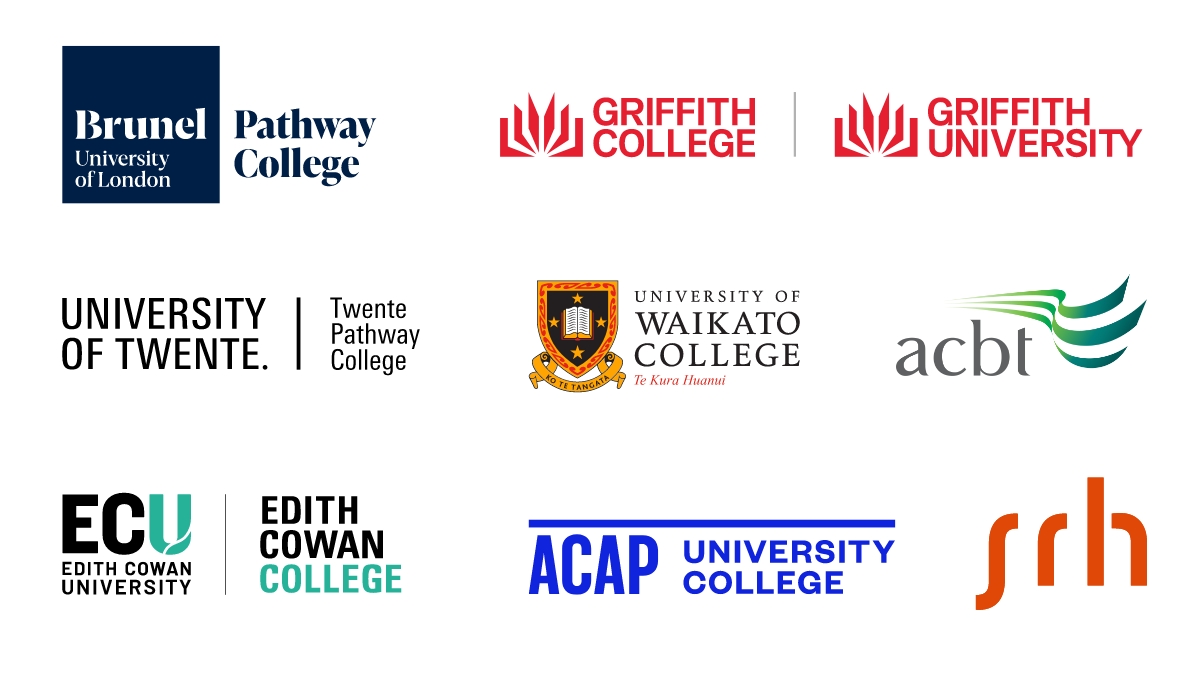 Logos: Brunel Pathway College, Griffith College, Twente Pathway College, University of Waikato College, ACBT, Edith Cowan College, ACAP University College, SRH