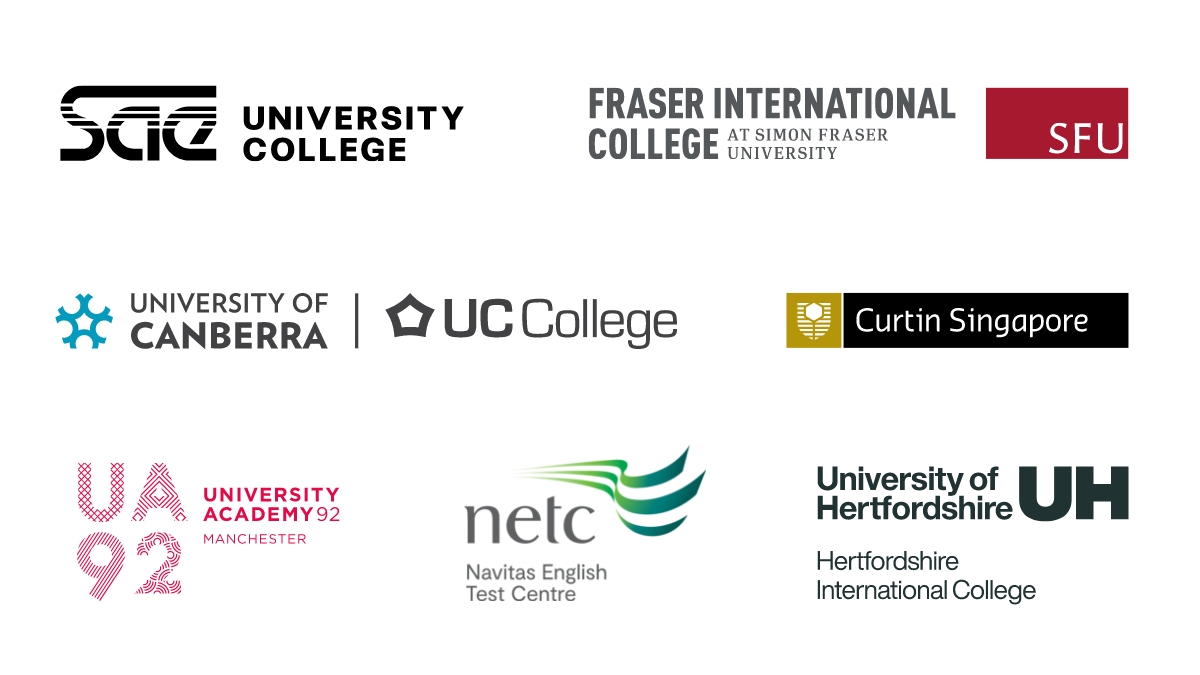 Logos: SAE University College, Fraser International College, UC College, Curtin Singapore, UA92 Manchester, Navitas English Test Centre, Hertfordshire International College