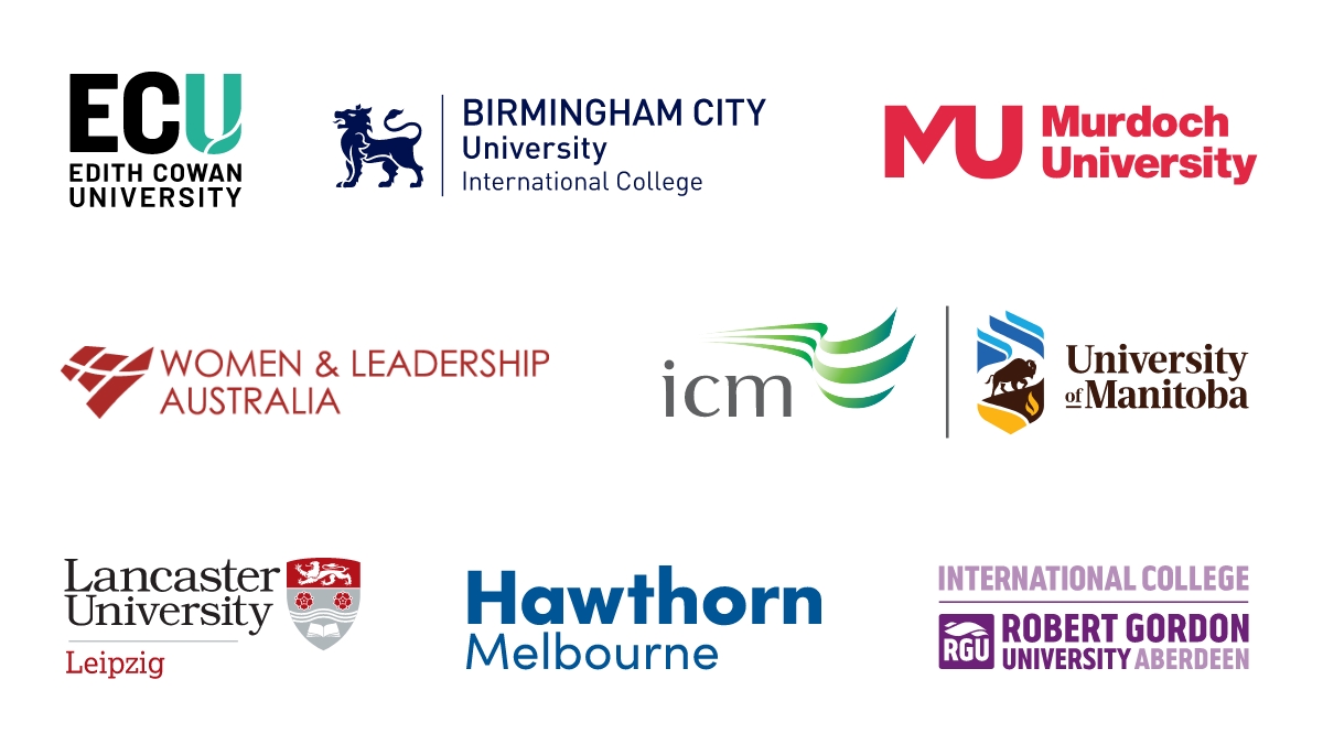 Logos: Edith Cowan University, Birmingham City University International College, Murdoch University, Women & Leadership Australia, ICM at University of Manitoba, Lancaster University Leipzig, Hawthorn Melbourne, International College Robert Gordon University