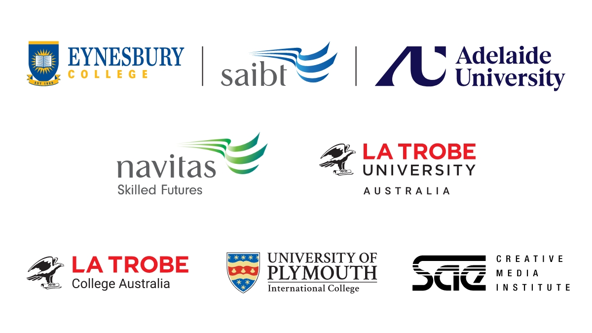 Logos: Eynesbury College, SAIBT, Adelaide University, Navitas Skilled Futures, LaTrobe University Australia, La Trobe College Australia, University of Plymouth International College, SAE Creative Media Institute
