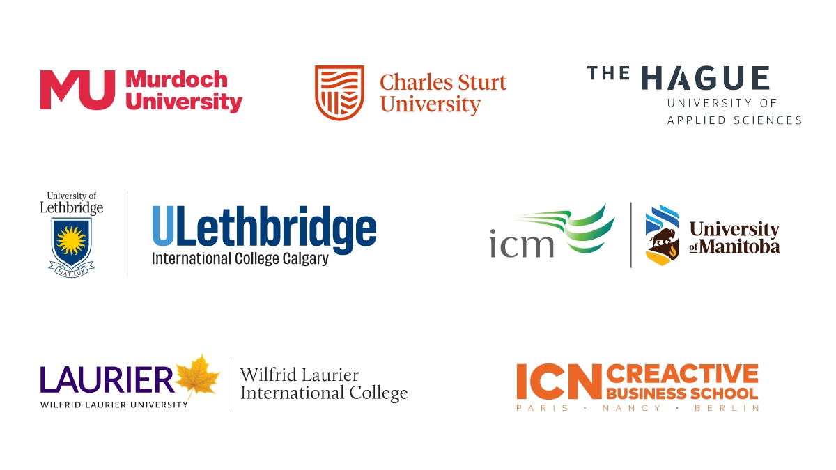 Logos: Murdoch University, Charles Sturt University, The Hague University of Applied Sciences, ULethbridge International College Calgary, ICM at University of Manitoba, Wilfrid Laurier International College, ICN Creactive Business School