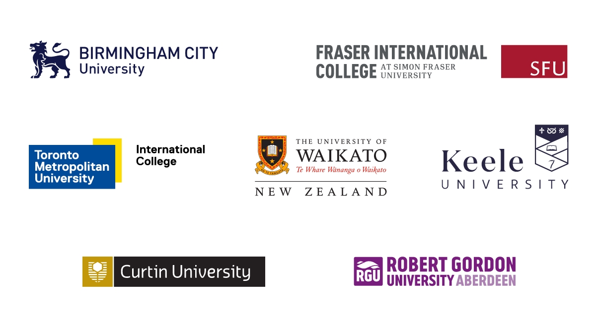 Logos: Birmingham City University, Fraser International College at Simon Fraser University, Toronto Metropolitan University International College, The University of Waikato, Keele University, Curtin University, Robert Gordon University