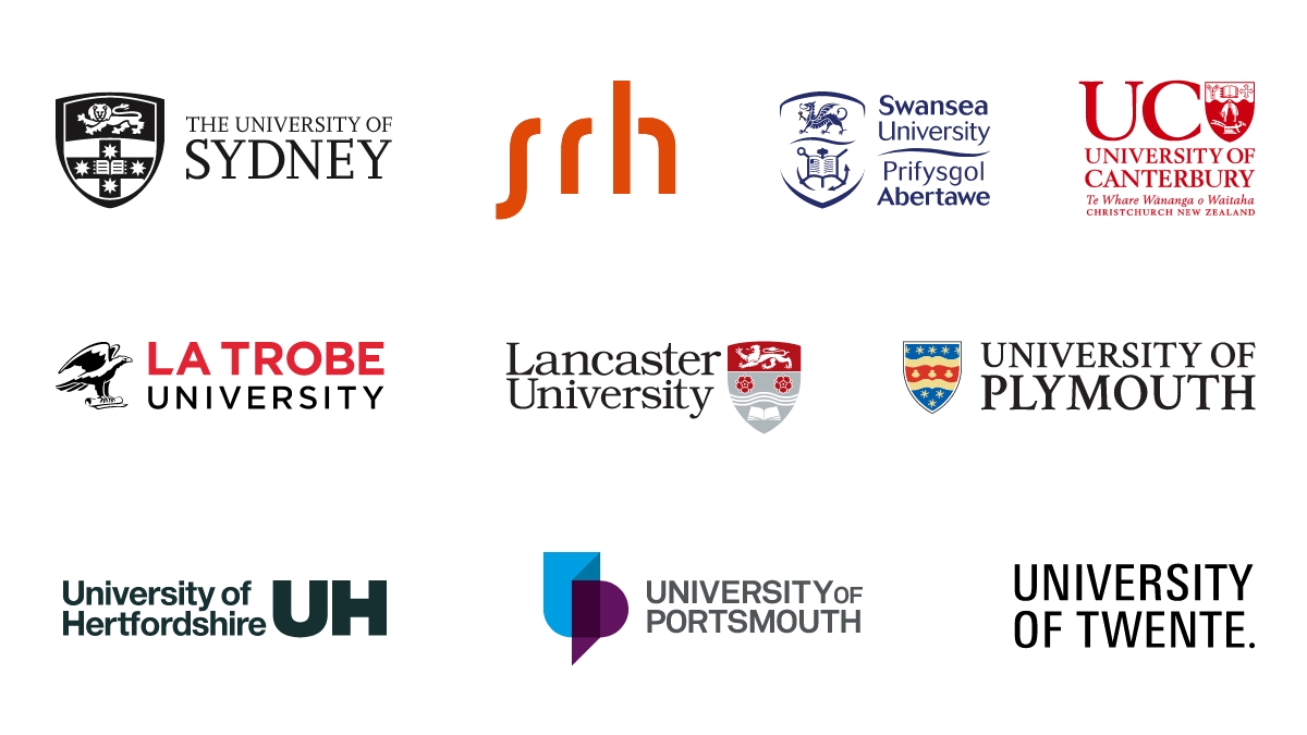 Logos: The University of Sydney, SRH, Swansea University, University of Canterbury, LaTrobe University, Lancaster University, University of Plymouth, University of Hertfordshire, University of Portsmouth, University of Twente.