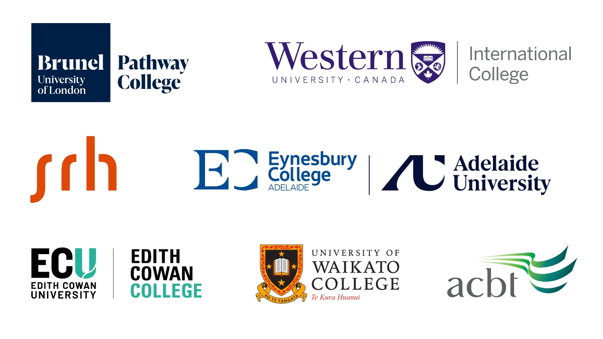 Logos for Brunel University of London Pathway College, Western University International College, SRH, Eynesbury College at Adelaide University, Edith Cowan College at Edith Cowan University, University of Waikato College, ACBT