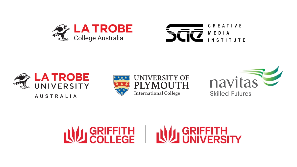 Logos for LaTrobe College Australia, SAE Creative Media Institute, LaTrobe University Australia, University of Plymouth International College, Navitas Skilled Futures, Griffith College at Griffith University.