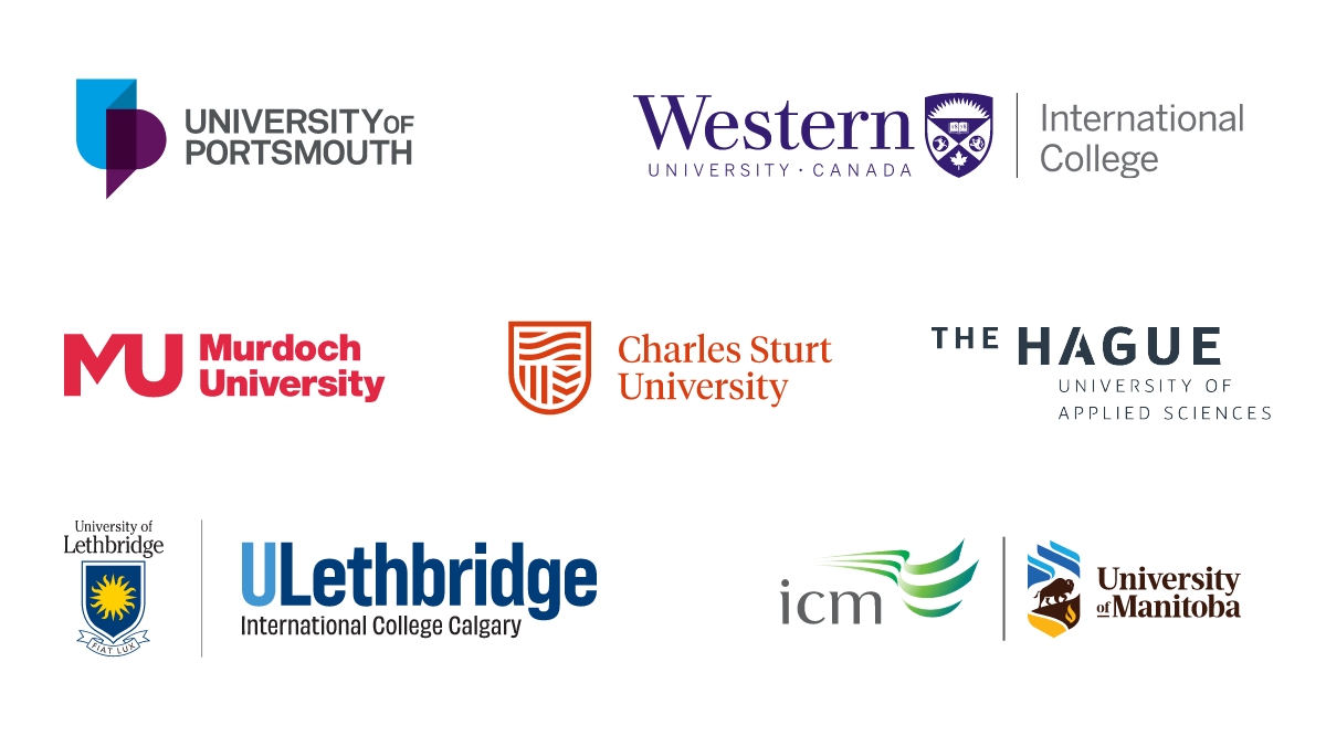 Logos for University of Portsmouth, Western University International College, Murdoch University, Charles Sturt University, The Hague University of Applied Sciences, ULethbridge International College Calgary, ICM at University of Manitoba.