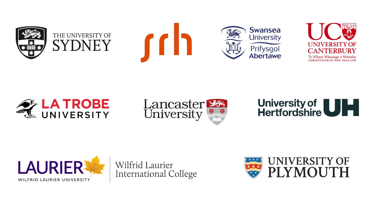 Logos for The University of Sydney, SRH, Swansea University, University of Canterbury, LaTrobe University, Lancaster University, University of Hertfordshire, Wilfrid Laurier International College, University of Plymouth.