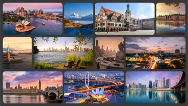 Destination imagery of Australia, Canada, Germany, Indonesia, Netherlands, New Zealand, Singapore, Sri Lanka, UAE, UK, USA