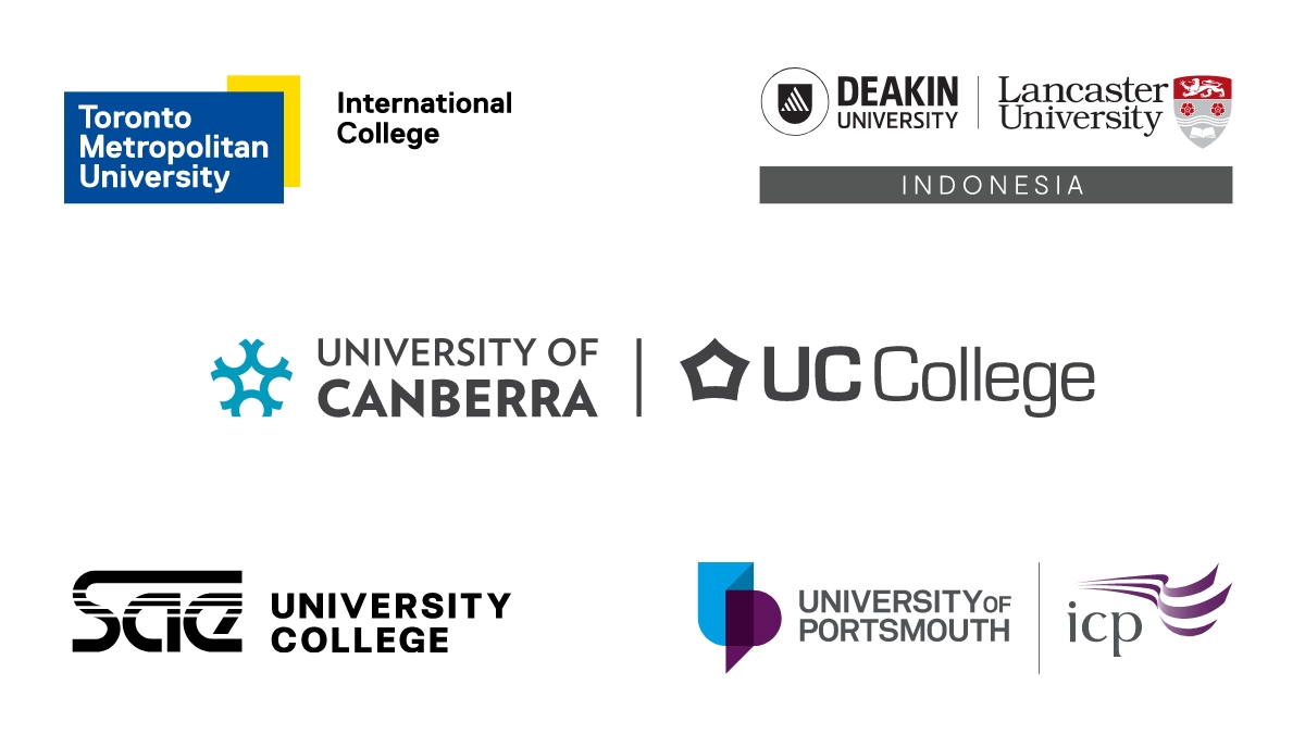 Logos: Toronto Metropolitan University International College, Deakin University Lancaster University Indonesia, University of Canberra UC College, SAE University College, ICP at University of Portsmouth