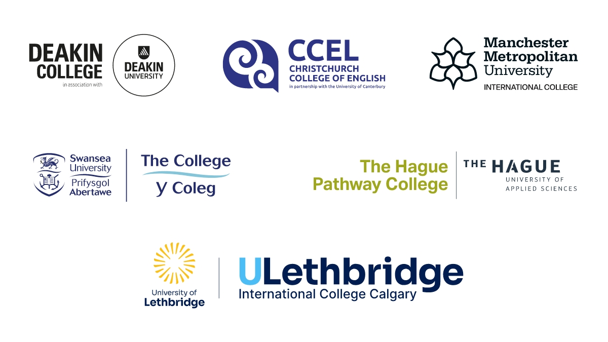 Logos of Deakin College, Christchurch College of English, Manchester Metropolitan University International College, Swansea University The College, The Hague Pathway College, ULethbridge International College Calgary