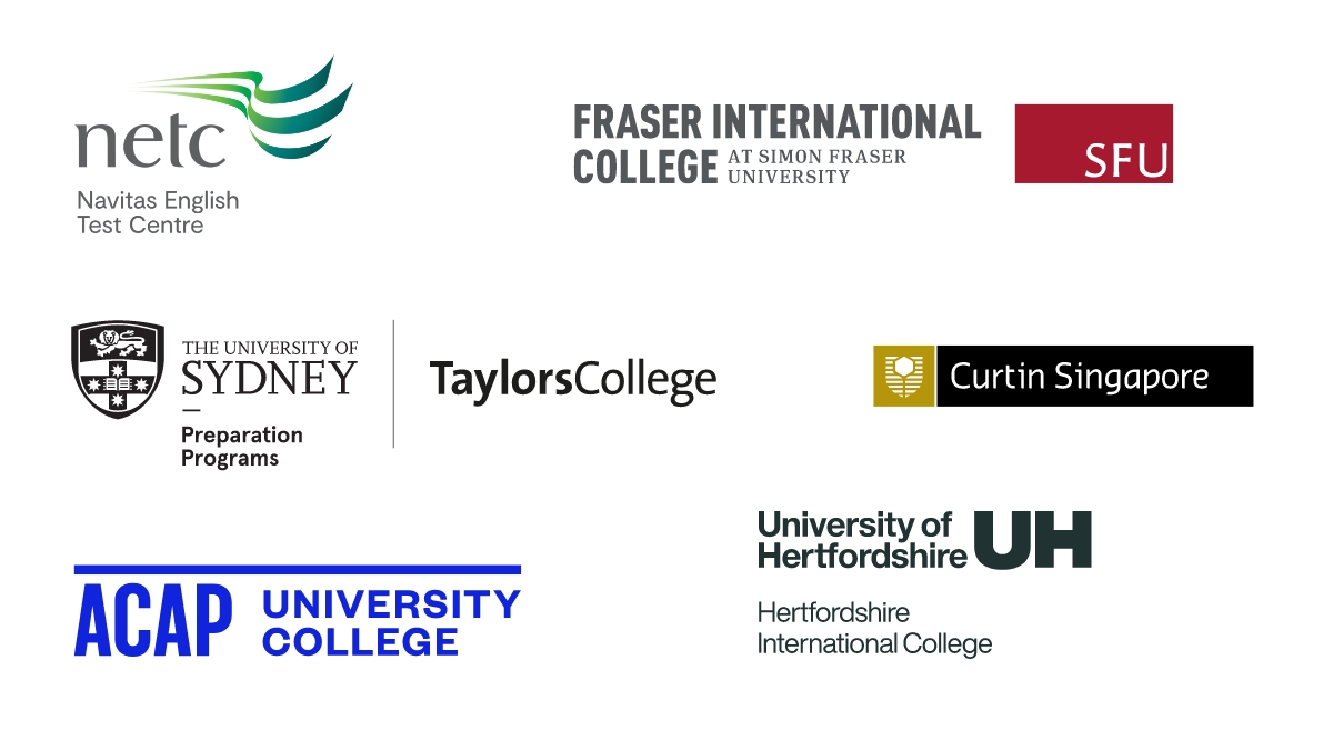 Logos of Navitas English Test Centre, Fraser International College, Taylors College at The University of Sydney, Curtin Singapore, ACAP University College, Hertfordshire International College.