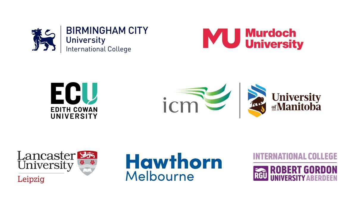 Logos of Birmingham City University International College, Murdoch University, ECU Sri Lanka, ICM at University of Manitoba, Lancaster University Lepzig, Hawthorn Melbourne, International College at Robert Gordon University