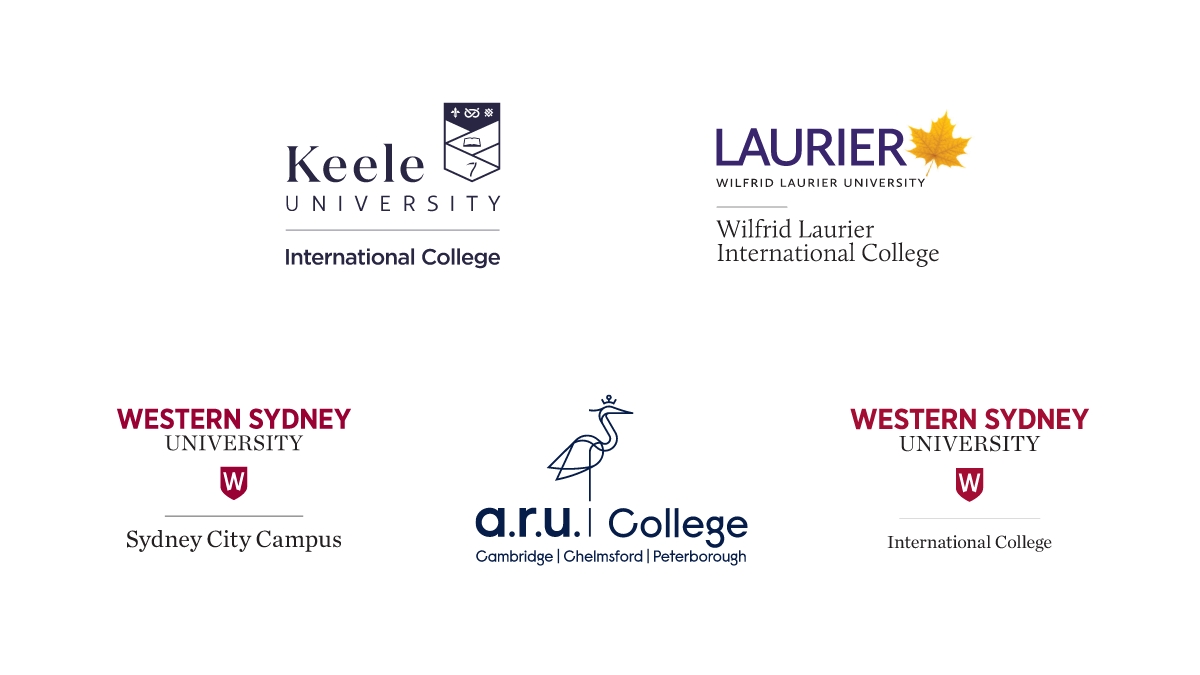 Logos of Keele University International College, Wilfrid Laurier International College, Western Sydney University Sydney City Campus, ARU College, Western Sydney University International College