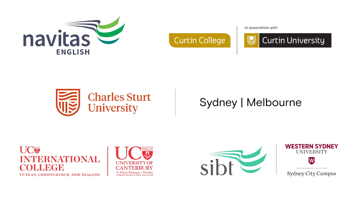 Logos of Navitas English, Curtin College, Charles Sturt University Sydney and Melbourne, UC International College, SIBT