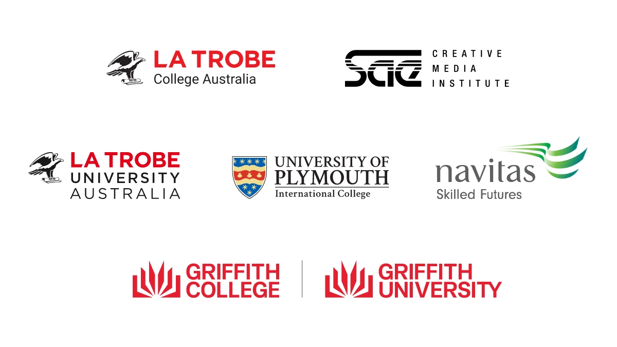 Logos of LaTrobe College Australia, SAE Creative Media Institute, LaTrobe University Australia, University of Plymouth International College, Navitas Skilled Futures, Griffith College